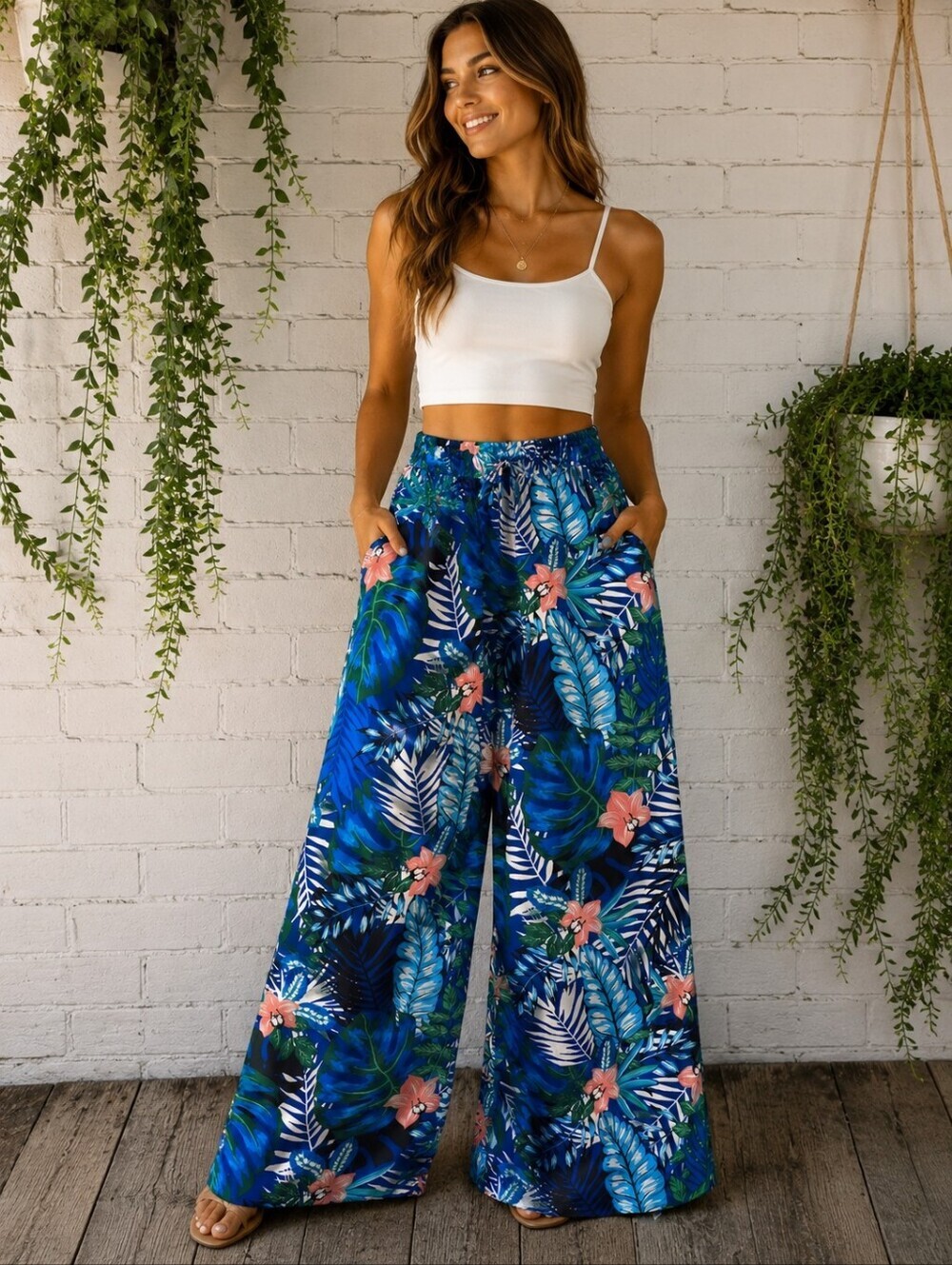 MISS INNOCENT TROPICAL WIDE LEG PALAZZO PANTS BLUE FLOWY RESORTWEAR NWT XL